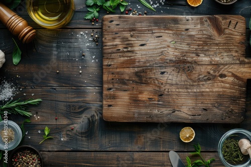 Fototapeta Naklejka Na Ścianę i Meble -  Fresh herbs and spices arranged on a wooden cutting board. Ideal for food preparation concepts