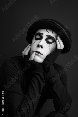 A man wearing a black hat and face paint. Suitable for Halloween or costume party themes © Fotograf