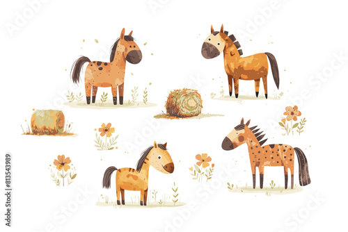 Set of watercolor horses  hay rolls and flowers  vector illustration