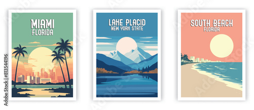 Miami, Lake Placid, South Beach Illustration Art. Travel Poster Wall Art. Minimalist Vector art