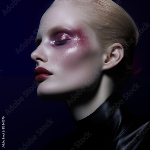 AI generated illustration of a young woman with pink makeup on a dark backdrop