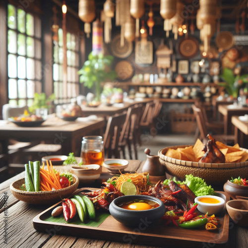 Wooden Table Top with Thai food Blurred Thai Restaurant Background