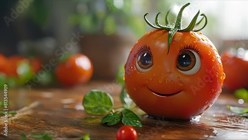 Cartoon mascot tomato smiling. Created with generative AI. photo