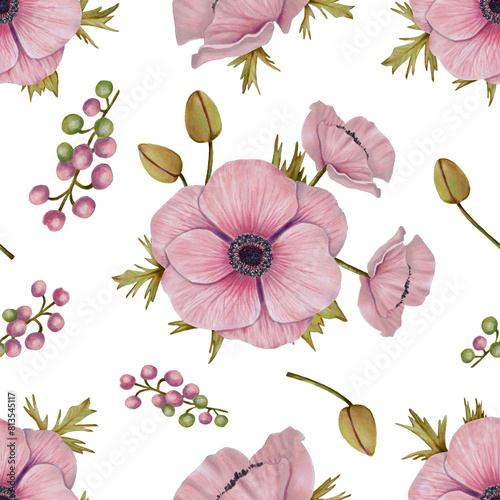 Seamless pattern with pink anemone flowers  petals and berries. Illustration with watercolor and marker. Botanical background for fabric  wrapping paper  textile  wallpaper. Hand drawn isolated art