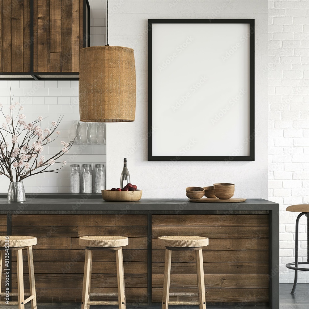 Obraz premium Frame mockup, modern oriental style hanok house interior, apartment kitchen wall poster mockup, 3D render