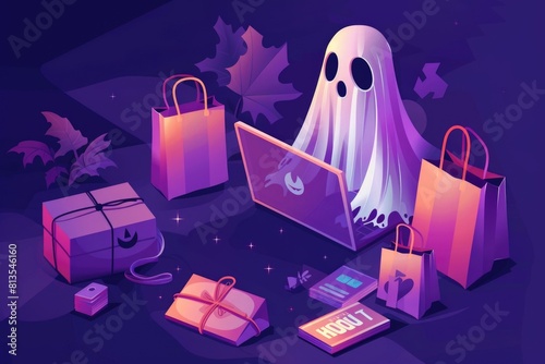 Vibrant illustrated ghost with shopping bags using a laptop surrounded by gifts and candles