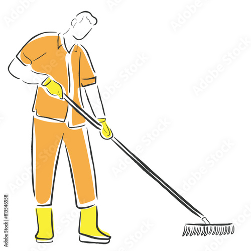 Hand drawn line art vector of a cleaner with a broom. Sweeper collecting garbage from ground