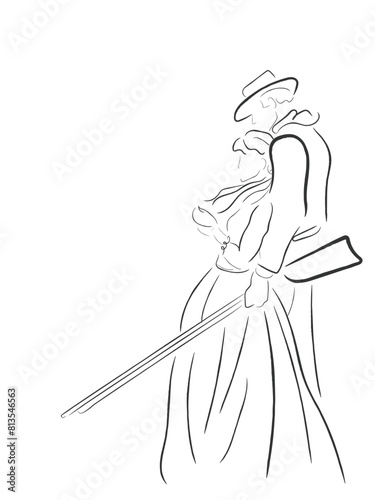 Hand drawn line art vector of A wild west couple. Cowboys culture in America.