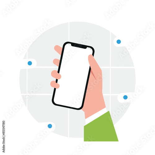 Human hand holding smartphone, mobile cellular phone flat vector illustration