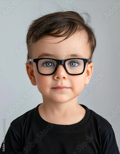 A young boy wearing glasses with blue eyes.