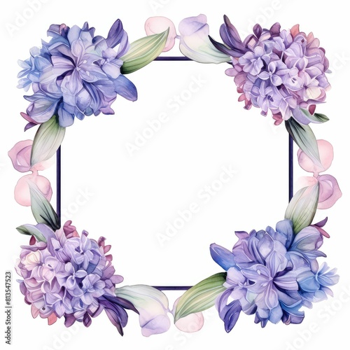 hyacinth themed frame or border for photos and text. featuring fragrant blooms in shades of purple and blue. watercolor illustration  flowers frame  botanical border  It s perfect for cards.
