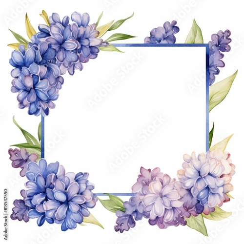 hyacinth themed frame or border for photos and text. featuring fragrant blooms in shades of purple and blue. watercolor illustration, flowers frame, botanical border, It's perfect for cards.