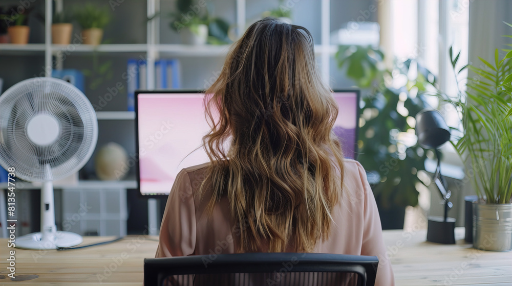 A woman in the office, in front of the computer,