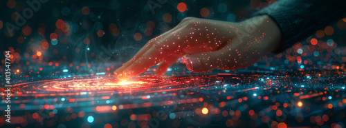 Abstract Connection: Woman's Hand on Abstract Internet in Dark Teal and Red with Scientific Diagrams and Blurred Forms