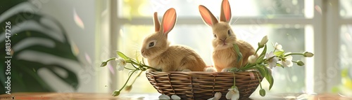 Cute Animals in Love bunnies in a basket flat design front view spring fling theme 3D render Triadic Color Scheme photo