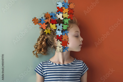 Conceptual image of a young girl with puzzle pieces forming her head, symbolizing thoughts and mental health. Young girl with puzzle pieces on face, symbolizing autism spectrum and complex thinking

