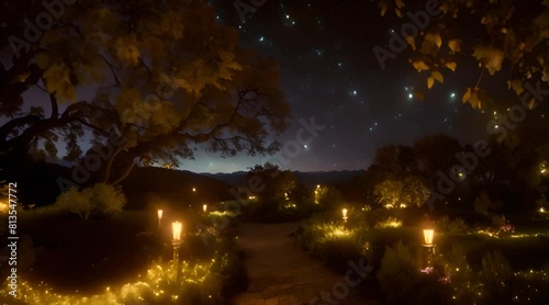 A dreamy setting of ling lights and sparkling fairy dust in a mystical garden under a velvet night sky