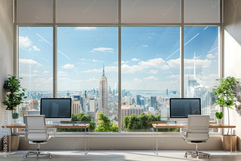 Fototapeta premium Workspace Interior with Panoramic Window created with Generative AI