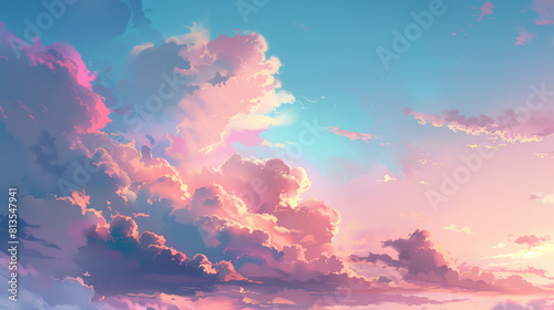 Cloudscape and hot air balloon in evening, gradient pastel and whimsical could in the sky, tree branches and sky people and landscape