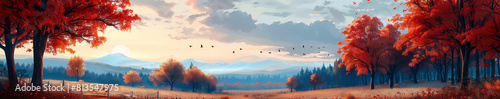 Stunning autumn landscape featuring vivid red trees, a serene mountain backdrop, and migrating birds, in a tranquil rural setting generative ai raster illustration. photo