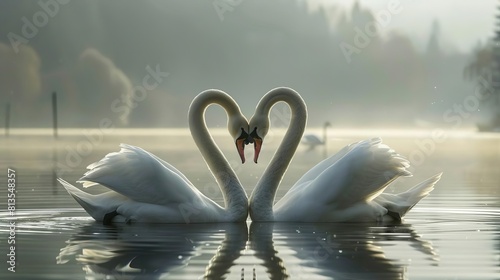 Cute Animals in Love swans forming heart flat design front view serene lake theme animation vivid