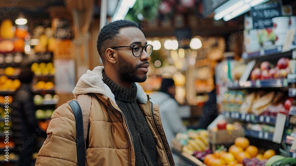 Portrait of young african american man in eyeglasses looking away while shopping in supermarket