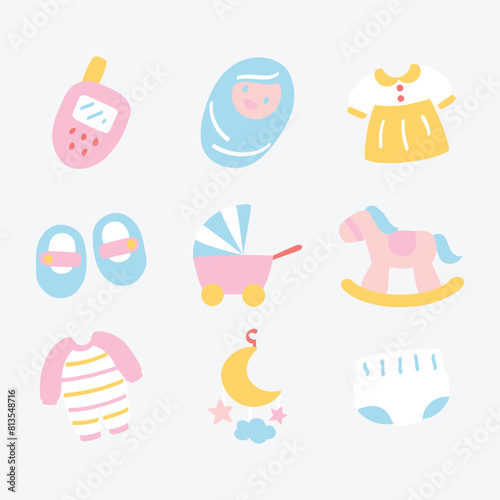 Baby toys and accessories in pastel icons © niradj
