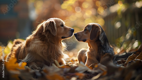A photo featuring a heartwarming scene of a cat and dog sharing a loving gaze. Highlighting the depth of their connection as they gaze into each others eyes.