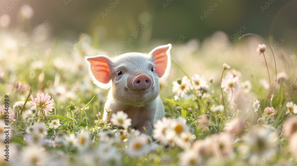 Pig standing in field of daisies Pig standing in field of daisies