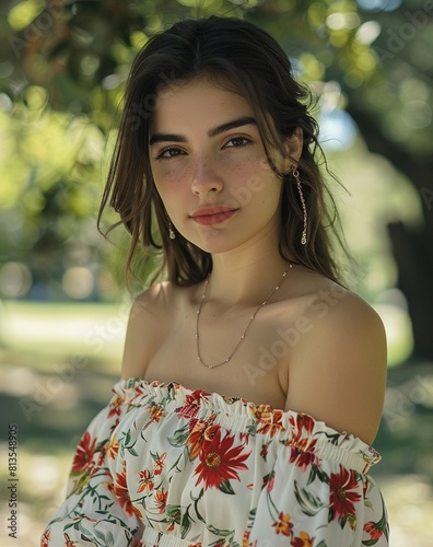 A beautiful Mexican woman in a floral dress with natural lighting in a park. photo