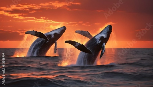 A pod of whales breaching in unison against the ba