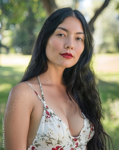 A beautiful Mexican woman in a floral dress with natural lighting in a park. photo
