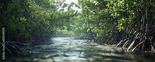 Exploration of a dense mangrove forest at high tide, vivid style photo