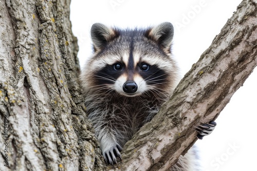 Curious raccoon in a tree photo on white isolated background