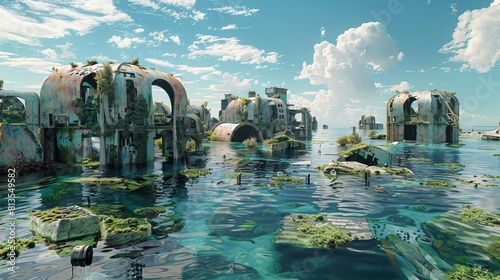 Flooded coastal ruins now part of a marine habitat, cyberpunk style