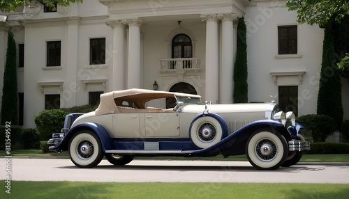 A 1920s duesenberg parked in front of a grand mans © Kara