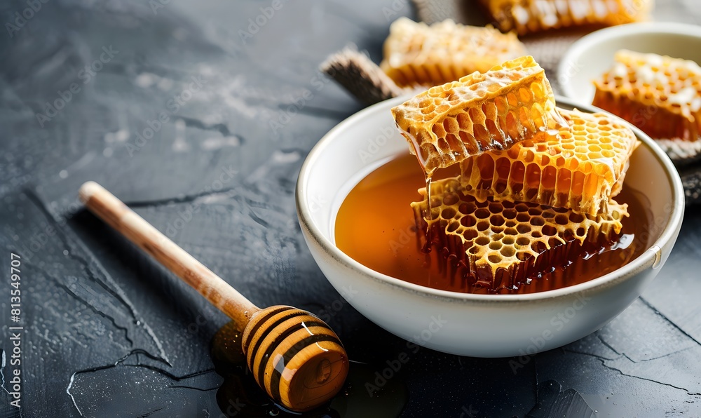 fresh honey in white bowl with honeycomb and wooden dipper, Generative AI fresh honey in white bowl with honeycomb and wooden dipper, Generative AI