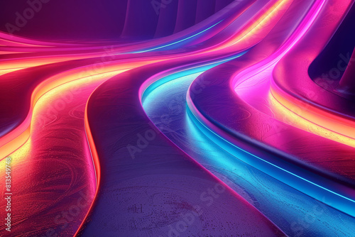 Colorful neon light waves with a smooth texture create an abstract background, ideal for vibrant and modern designs. photo