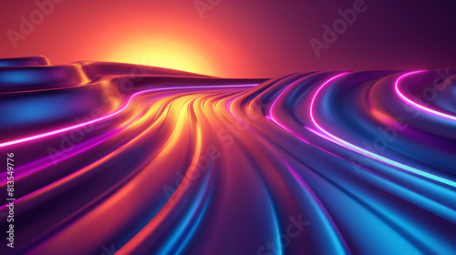 Digital art of neon-lit sand dunes under a sunset glow, blending natural landscapes with futuristic neon lighting. photo