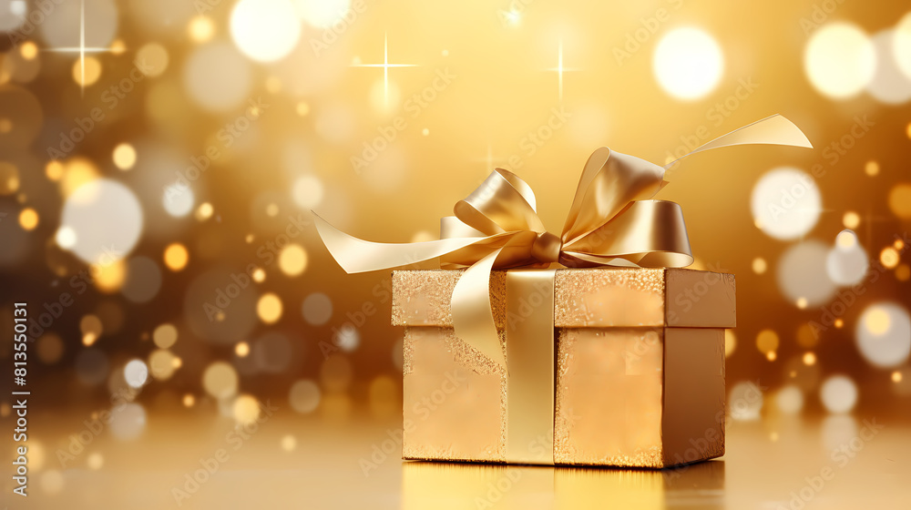 Golden gift box with ribbon, glitter and bokeh background Golden gift box with ribbon, glitter and bokeh background