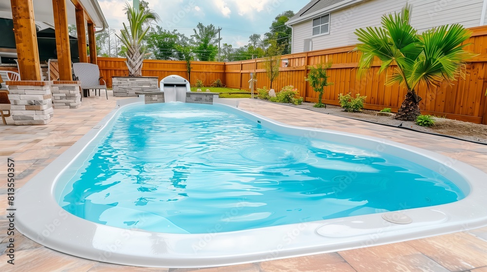 Obraz premium Outdoor fiberglass pool in the backyard of a home. Summer rest.