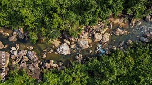 Aerial view of a serene rocky riverbed amidst lush greenery, perfect for themes of nature conservation, Earth Day, and tranquil outdoor landscapes photo