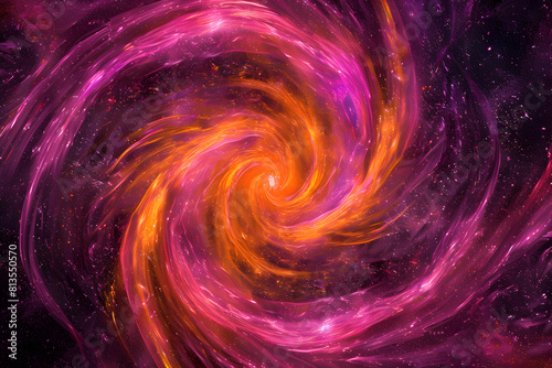 Vibrant pink and orange neon galaxy swirling on black background. Stunning abstract artwork.
