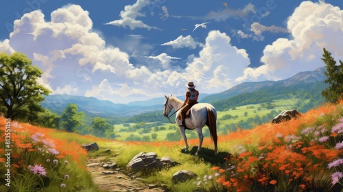 Therapeutic horseback ride watercolor illustration - Generative AI. Girl, horse, rider, sky, mountain. © Mariia