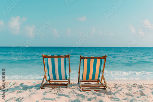 Two empty deck chairs set up on a sandy beach in front of the ocean