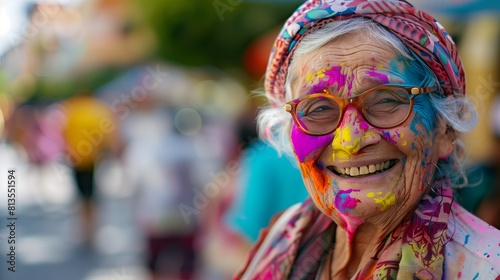 Portrait of a satisfied smiling elderly woman in glasses and a scarf on her head, with her face painted with paints. Festival of colors Holi.