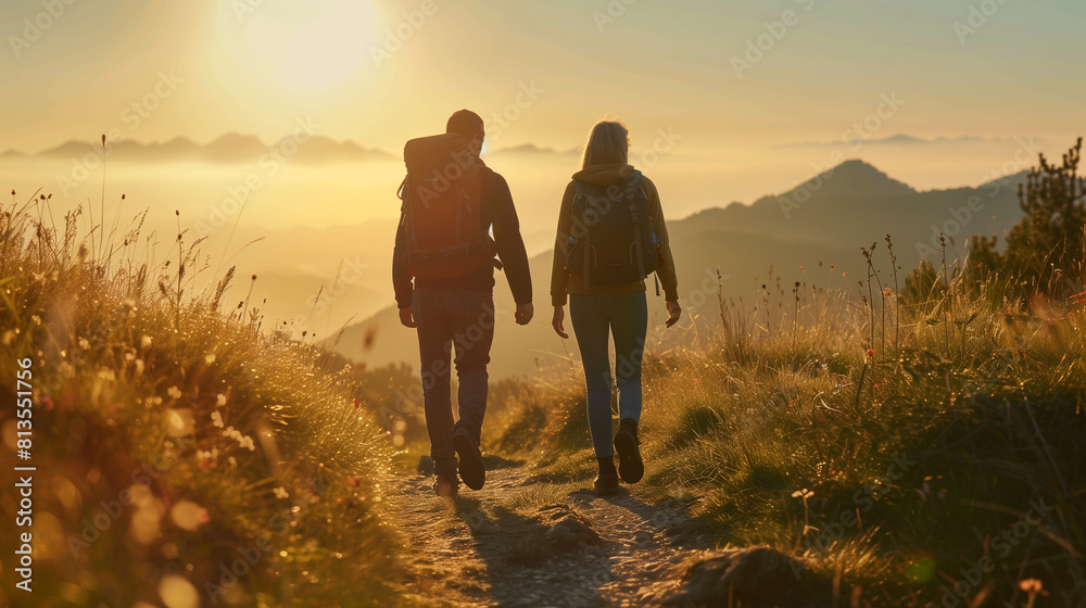 Stroll in the Sunset Glow - A couple walking hand in hand along a mountain trail, surrounded by the warm colors of the setting sun.