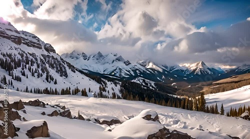 Timelapse in the Rocky Mountains in winter as spindrift blows from summit in high winds Telluride, Colorado photo