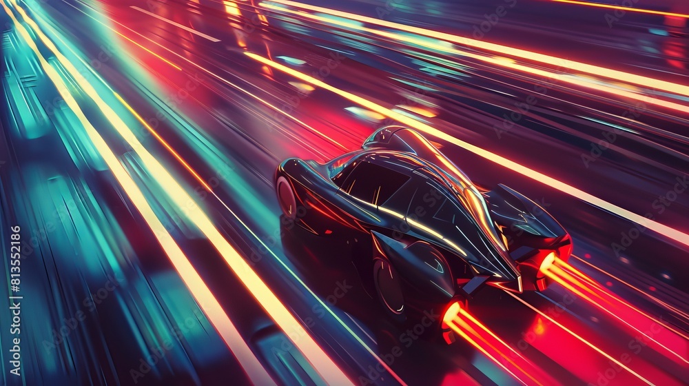 Neon Highway with Retro-Futuristic Speeding Car at Dusk AI Generated.