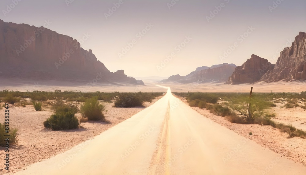 A rugged desert road leading to a distant oasis